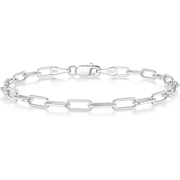 BRIJEWNES 925 Sterling Silver Clasp 3mm Paperclip Chain Bracelets for Women - Picture 1 of 7